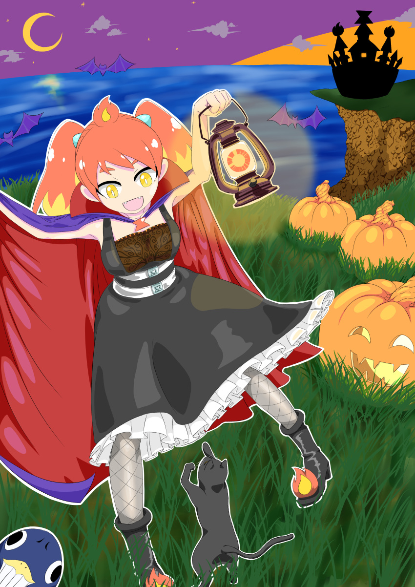 1girl :d absurdres alternate_costume arm_up belt black_dress blonde_hair boots bright_pupils cape castle cat cliff cloak commentary_request crescent_moon dress fangs fishnet_pantyhose fishnets frilled_dress frills grass grey_pantyhose gyari_(bird) halloween hand_up highres hikasa_tomoshika holding holding_lantern horizon jack-o'-lantern lantern looking_down matsuta6 moon multicolored_hair night ocean open_mouth pantyhose purple_sky red_hair smile twintails two-tone_hair virtual_youtuber voms white_pupils yellow_eyes
