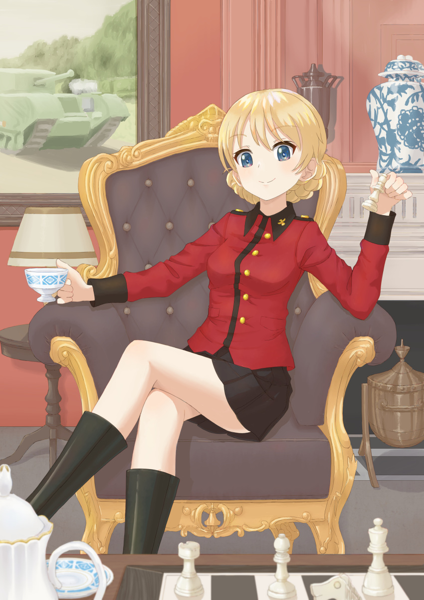1girl absurdres armchair bangs black_footwear black_skirt blonde_hair blue_eyes board_game boots braid chair chess chess_piece chessboard churchill_(tank) closed_mouth commentary crossed_legs cup darjeeling_(girls_und_panzer) fireplace girls_und_panzer highres holding holding_chess_piece holding_cup indoors jacket lamp long_sleeves looking_at_viewer military military_uniform military_vehicle miniskirt motor_vehicle on_chair painting_(object) pleated_skirt qgkmn541 red_jacket saucer short_hair sitting skirt smile solo st._gloriana's_military_uniform table tank teacup teapot twin_braids uniform vase