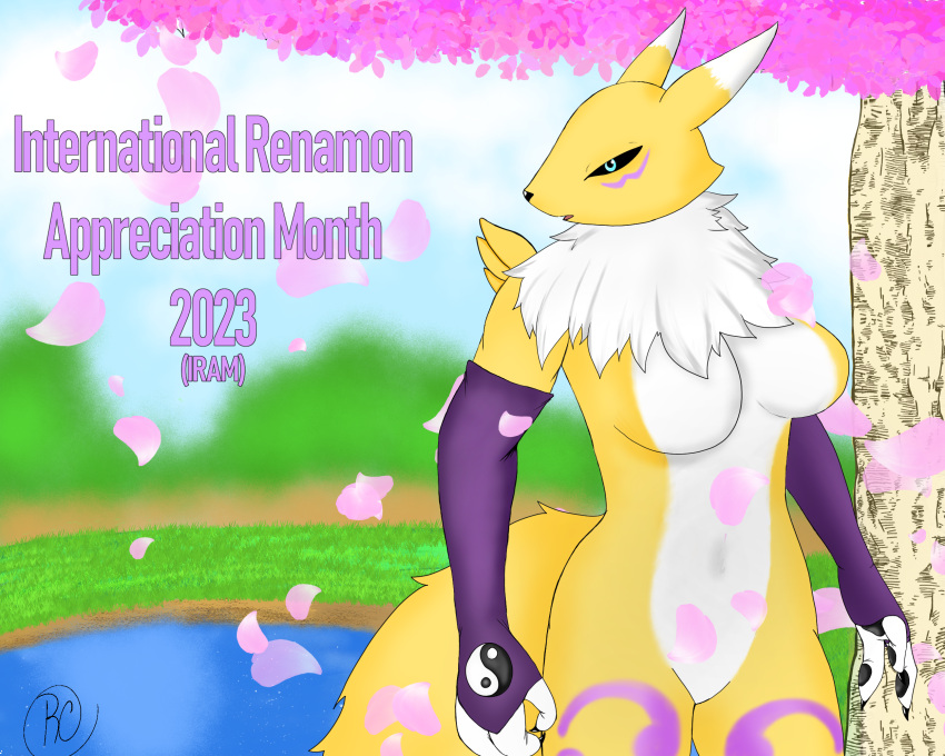 3_fingers anthro bandai_namco big_breasts black_sclera blue_eyes breasts canid canine cherry_blossom cherry_tree claws clothing digimon digimon_(species) facial_markings female fingers fruit_tree fur fur_markings gloves gradient_background grass handwear head_markings hi_res international_renamon_appreciation_month lake leg_markings long_ears mammal markings neck_tuft pawpads plant rcblackdie renamon simple_background sky solo tail tree tuft water white_body white_fur yellow_body yellow_fur yin_yang