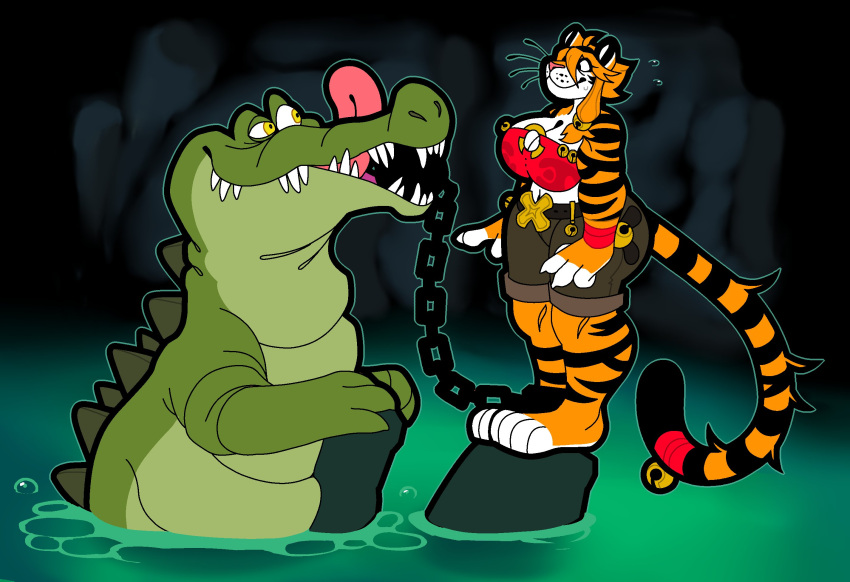 ambiguous_gender anthro ball_and_chain bell cave chain chained clothing crocodile crocodilian crocodylid duo felid female hi_res hypnofood mammal nervous pantherine reptile sascha_(hypnofood) scalie tiger water