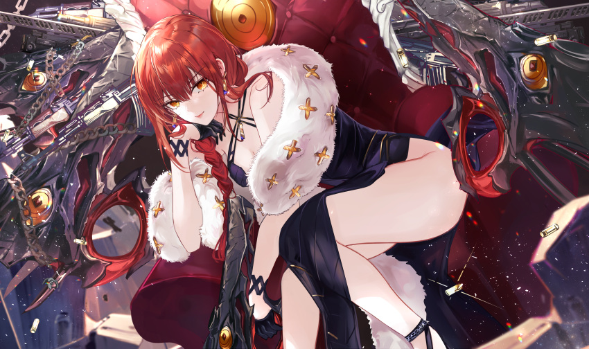 1girl absurdres bangs bare_shoulders black_dress braid braided_ponytail breasts chainsaw_man cleavage dress goddess_of_victory:_nikke highres large_breasts long_hair looking_at_viewer makima_(chainsaw_man) red_hair ringed_eyes sidelocks sitting smile solo thighs vardan yellow_eyes