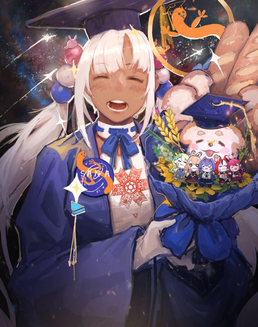 6+girls :d ^_^ absurdres baguette blonde_hair blue_cloak bouquet bread cloak closed_eyes dark-skinned_female dark_skin food gloves graduation hair_ornament halterneck hat highres holding holding_bouquet holocouncil hololive hololive_english kaniko_(tsukumo_sana) light_brown_hair limiter_(tsukumo_sana) long_hair looking_at_viewer mortarboard multiple_girls planet_hair_ornament reim3i sana_worm_(tsukumo_sana) sanallite_(tsukumo_sana) sidelocks smile smol_baelz smol_fauna smol_irys smol_kronii smol_mumei space sparkle starry_sky_print tsukumo_sana twintails upper_body usaslug_(tsukumo_sana) very_long_hair virtual_youtuber wheat white_gloves wide_sleeves yatagarasu_(tsukumo_sana)