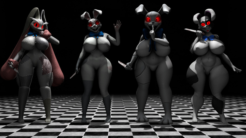 16:9 2023 3d_(artwork) anthro baek-myo big_breasts black_eyes blue_ribbon breasts camel_toe clothing digital_media_(artwork) featureless_breasts female five_nights_at_freddy's five_nights_at_freddy's:_security_breach fur generation_4_pokemon genitals gesture grey_body grey_skin group hi_res holding_object knife long_ears looking_at_viewer lopunny nintendo nude open_mouth pink_body pink_fur pokemon pokemon_(species) pokemorph pose pussy red_body red_sclera red_skin scottgames shush smile smiling_at_viewer source_filmmaker standing steel_wool_studios vanny_(fnaf) white_body white_skin widescreen