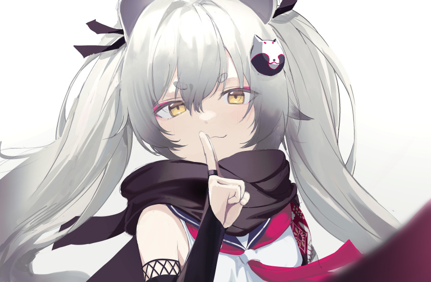 1girl :3 absurdres animal_ears black_scarf blue_archive bridal_gauntlets closed_mouth grey_hair hair_ribbon highres kuji-in long_hair looking_at_viewer michiru_(blue_archive) neckerchief pink_neckerchief portrait raccoon_ears raccoon_hair_ornament ribbon scarf simple_background sleeveless solo twintails white_background yellow_eyes zapik