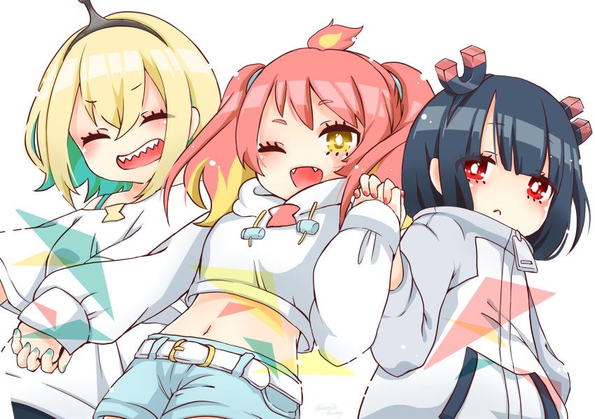 3girls :&lt; :d ^_^ amano_pikamee bangs belt black_hair black_hairband blonde_hair blue_shorts bright_pupils closed_eyes colored_inner_hair commentary_request cropped_hoodie drawstring eyelashes fangs fire flame green_hair green_nails hairband high_collar highres hikasa_tomoshika holding_hands hood hood_down hoodie interlocked_fingers jacket jitomi_monoe long_sleeves looking_at_viewer magnet meruko_factory midriff multicolored_hair multiple_girls navel off-shoulder_shirt off_shoulder one_eye_closed open_mouth red_eyes red_hair red_nails sharp_teeth shirt short_eyebrows shorts simple_background smile teeth twintails two-tone_hair upper_teeth_only virtual_youtuber voms white_background white_belt white_hoodie white_jacket white_pupils white_shirt yellow_eyes zipper_pull_tab