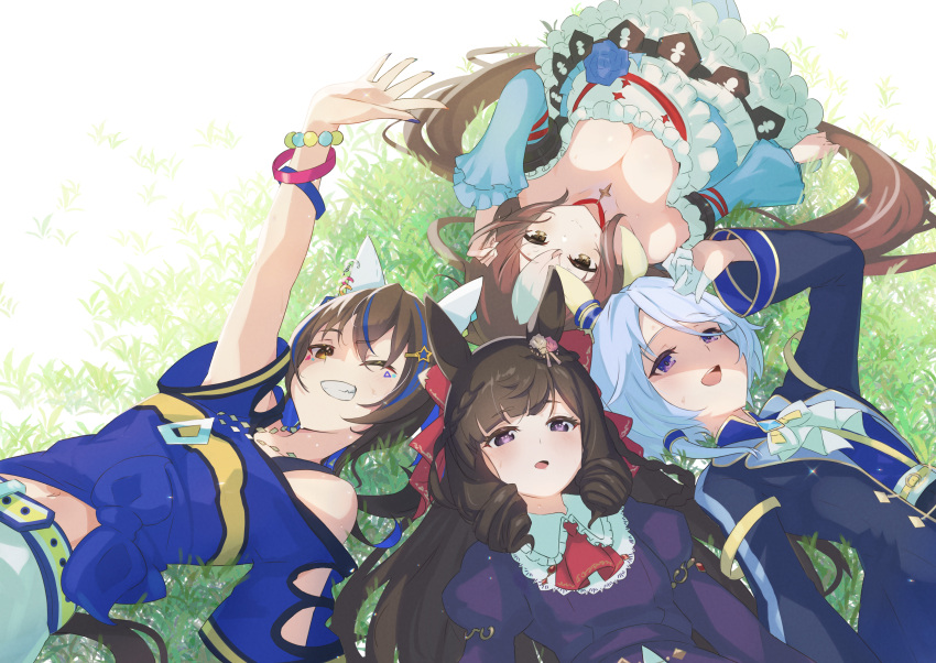 4girls absurdres animal_ears arm_up ascot bare_shoulders belt blue_hair blue_jacket blue_shirt bow breasts brown_eyes brown_hair cleavage daiichi_ruby_(umamusume) daitaku_helios_(umamusume) detached_sleeves dress drill_hair ear_covers gloves grass grey_hair hair_bow half_gloves highres horse_ears horse_girl horse_tail jacket jewelry k.s.miracle_(umamusume) large_breasts long_hair looking_at_viewer looking_up low_twintails lying multicolored_hair multiple_girls necklace off-shoulder_shirt off_shoulder on_back purple_dress purple_eyes red_ascot red_bow shirt streaked_hair tail twintails two-tone_hair umamusume white_gloves yakousei_a yamanin_zephyr_(umamusume)