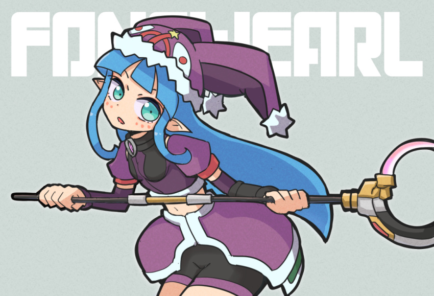 1girl aqua_eyes bangs bike_shorts black_shorts blue_hair blunt_bangs breasts cowboy_shot crop_top detached_sleeves facial_mark fonewearl fur-trimmed_headwear grey_background hat holding holding_staff jester_cap leaning_forward legs_together long_hair open_mouth overskirt phantasy_star phantasy_star_online pointy_ears puffy_sleeves purple_headwear red_eyeliner rupika seseringo shorts small_breasts solo staff standing star_(symbol)