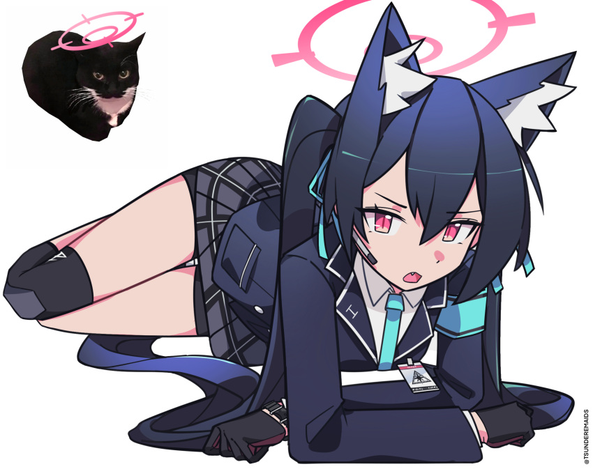 1girl animal_ear_fluff animal_ears black_gloves blazer blue_archive blue_armband blue_hair blue_jacket blue_necktie blue_ribbon cat cat_ears collared_shirt crossed_arms dark_blue_hair earpiece english_text fang gloves grey_skirt hair_ribbon highres id_card jacket long_hair looking_at_viewer lying necktie on_stomach open_mouth photo_inset plaid plaid_skirt red_eyes reference_photo ribbon school_uniform serika_(blue_archive) shirt simple_background skirt solo tsunderemaids twintails twitter_username white_background