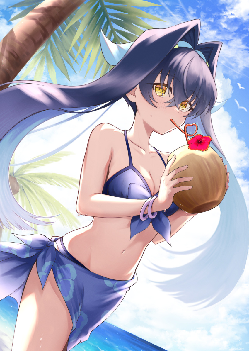 1girl accessories bangs bare_arms bare_shoulders beach bikini bikini_top_only black_hair blue_bikini blue_sarong blue_sky blush breasts cup cygames drinking_straw drinking_straw_in_mouth flower hair_between_eyes hair_ribbon highres holding holding_cup long_bangs long_hair medium_breasts miki_shinobu_(shadowverse_flame) navel ocean palm_tree ribbon riku_son sarong shadowverse shadowverse_(anime) shadowverse_flame sky swimsuit thighs tree wingull yellow_eyes