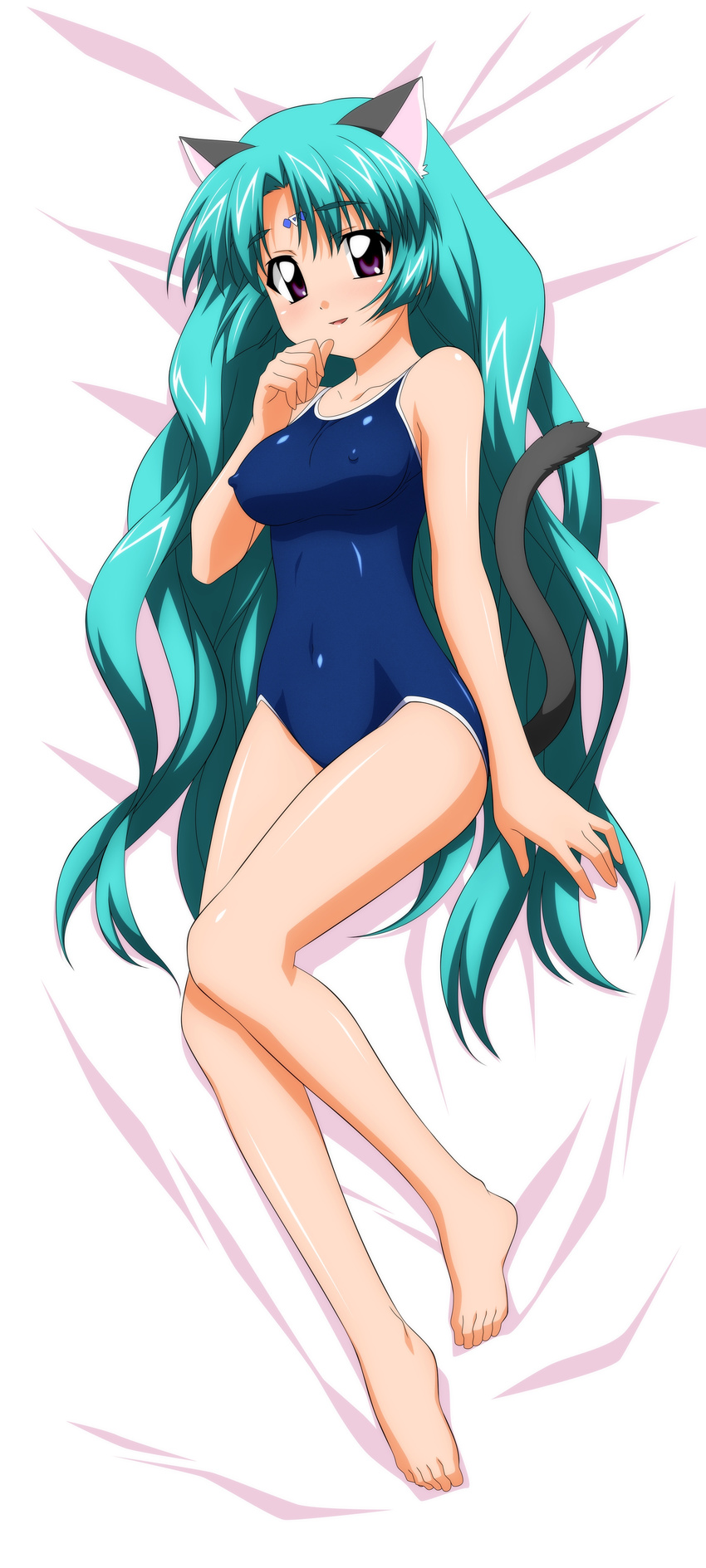 absurdres animal_ears barefoot bed canal_vorfeed cat_ears cat_tail dakimakura feet green_hair highres long_hair long_image lost_universe nipples one-piece one-piece_swimsuit sugimura_tomokazu swimsuit tail tall_image