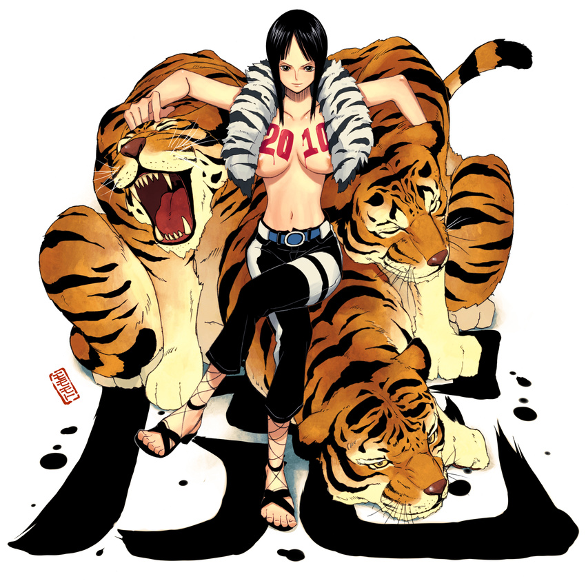 2010 areolae belt black_hair bodypaint breasts crossed_legs feet highres huge_breasts long_hair momo_moto navel new_year nico_robin nipple_slip nipples one_piece sandals sitting solo tiger topless