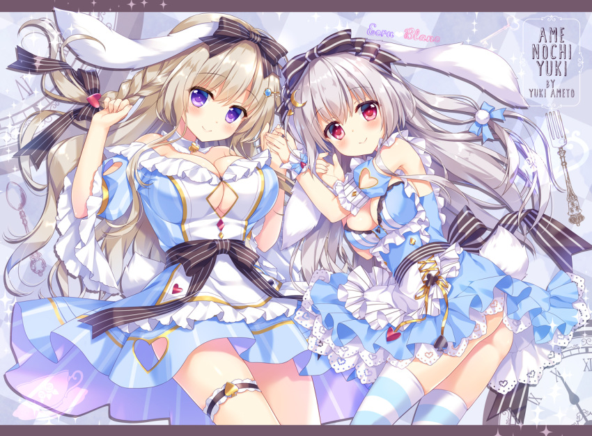 2girls alice_(wonderland) alice_in_wonderland ameto_yuki animal_ears artist_name bare_shoulders blue_dress blue_sleeves blush bow braid breasts brown_bow bunny_ears bunny_girl bunny_tail cleavage closed_mouth commentary_request detached_sleeves dress fingernails hair_bow heart heart_cutout large_breasts light_brown_hair long_hair medium_breasts multiple_girls puffy_short_sleeves puffy_sleeves purple_eyes red_eyes short_sleeves smile sparkle striped striped_bow striped_legwear tail thighhighs very_long_hair wrist_cuffs