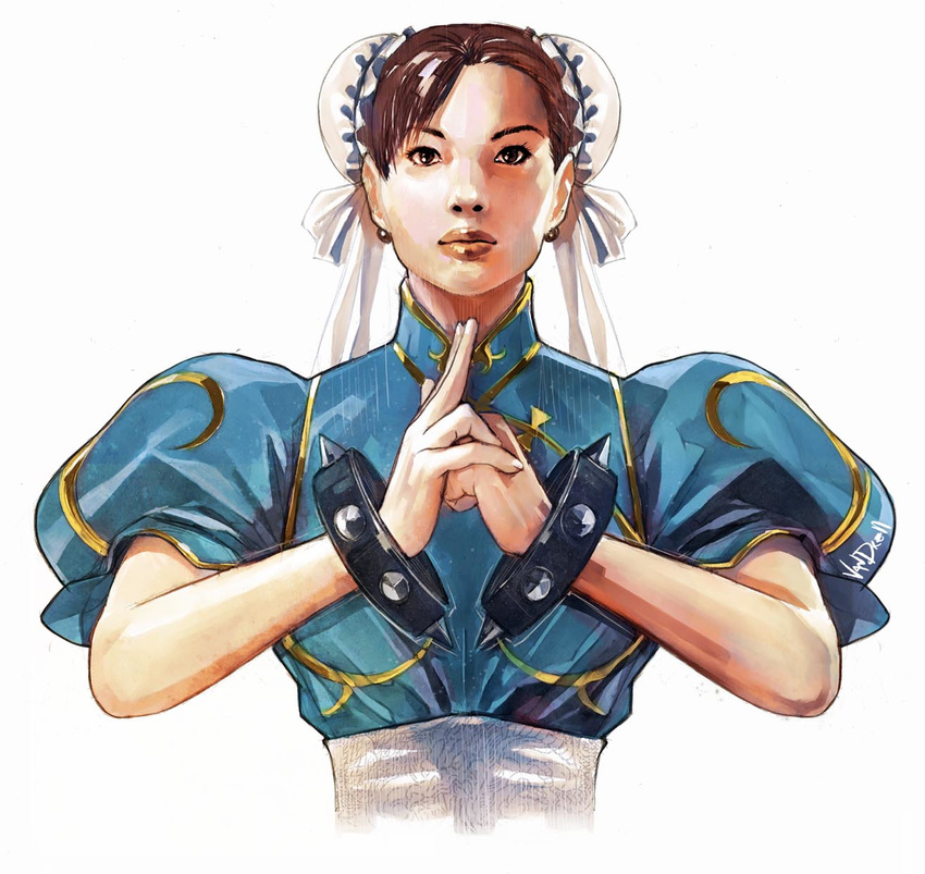 bracelet brown_eyes brown_hair bun_cover china_dress chinese_clothes chun-li daniel_oduber dress highres jewelry lips realistic sash short_hair solo spiked_bracelet spikes street_fighter