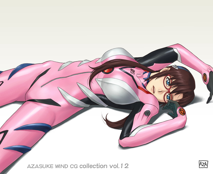 azasuke blue_eyes bodysuit brown_hair glasses highres long_hair lying makinami_mari_illustrious neon_genesis_evangelion on_back pink_bodysuit plugsuit rebuild_of_evangelion solo twintails