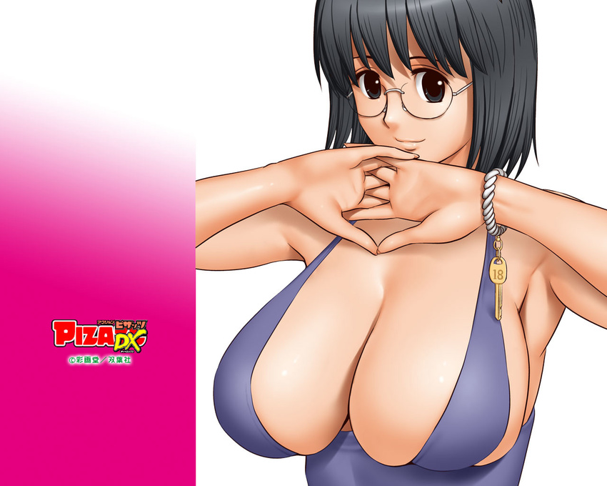 action_pizazz black_hair breasts cleavage glasses huge_breasts key saigadou short_hair skindentation smile solo wallpaper