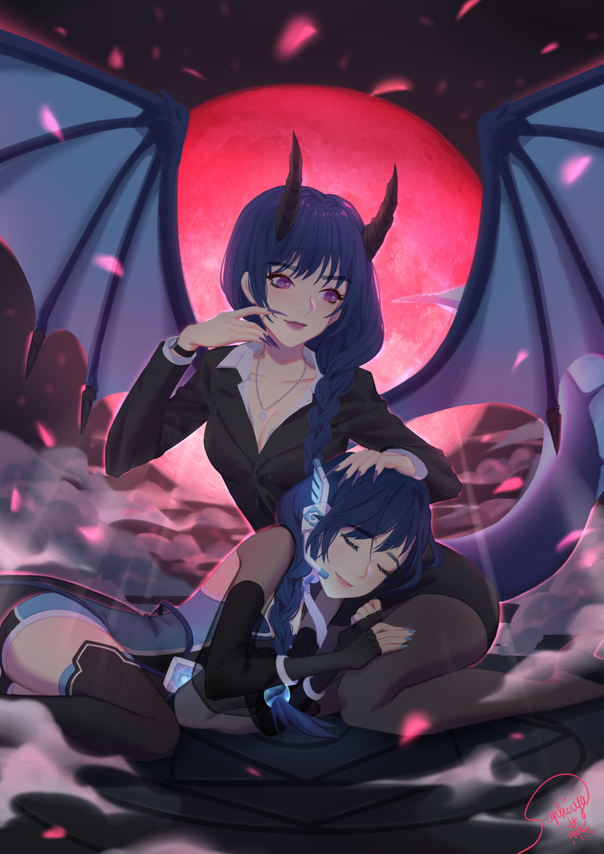 2girls absurdres alter/ego alys blue_hair blue_nails braid breasts claws cleavage dragon_horn dragon_tail dragon_wings highres lipstick makeup moon multiple_girls nail_polish purple_eyes purple_lips purple_lipstick purple_nails red_moon saphirya single_braid tail voxwave wings
