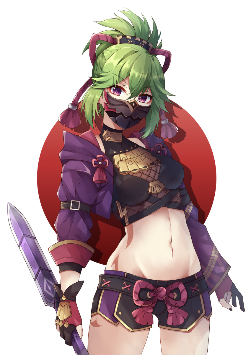 1girl absurdres black_shirt black_shorts breasts circle commentary cowboy_shot crop_top dagger genshin_impact gloves green_hair groin hair_between_eyes highres holding holding_dagger holding_knife holding_weapon jacket knife kuki_shinobu large_breasts long_sleeves looking_at_viewer mask midriff mouth_mask navel ponytail purple_eyes purple_jacket reverse_grip rizalx shirt short_hair short_shorts shorts simple_background solo standing stomach thighs weapon white_background