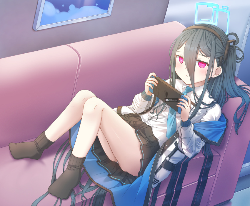 &lt;key&gt;_(blue_archive) 1girl absurdly_long_hair absurdres ass bangs black_hair black_skirt black_socks blue_archive collared_shirt commentary_request couch dress english_text hair_between_eyes handheld_game_console highres holding holding_handheld_game_console hood hooded_jacket indoors jacket long_hair long_sleeves looking_at_viewer lying necktie on_back one_side_up panties pantyshot picture_(object) pleated_skirt purple_dress school_uniform shirt sidelocks skirt socks solo sweatdrop underwear very_long_hair white_shirt wjddn