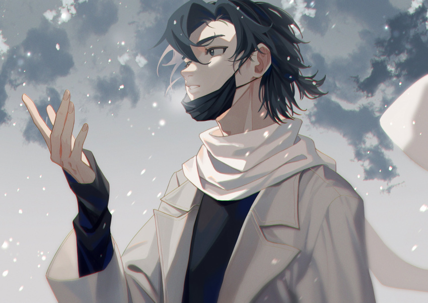 1boy black_eyes black_hair black_mask black_shirt cheng_xiaoshi chinese_commentary chromatic_aberration cloud coat commentary hair_between_eyes hand_up highres layered_sleeves long_sleeves male_focus mask mouth_mask parted_lips scarf shiguang_dailiren shirt short_hair snowing solo upper_body white_coat white_scarf ya_kexi