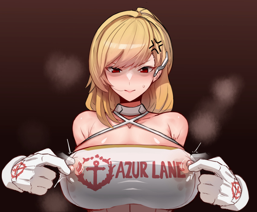1girl absurdres anger_vein azur_lane bare_shoulders blonde_hair breasts disembodied_limb gloves hair_in_own_mouth hetero highres large_breasts looking_down nipple_tweak nipples prince_of_wales_(azur_lane) prince_of_wales_(the_laureate's_victory_lap)_(azur_lane) red_eyes simple_background solo_focus strapless tube_top upper_body wenzheng147 white_gloves