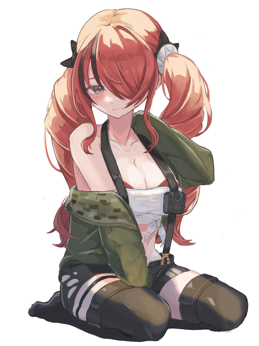 1girl alternate_hairstyle bandeau bare_shoulders black_hair black_shorts black_thighhighs breasts cleavage commentary_request green_jacket grey_eyes hair_over_one_eye highres jacket lain_paterson large_breasts long_hair long_sleeves looking_at_viewer midriff multicolored_hair nijisanji off_shoulder open_clothes open_jacket penta_(pepepen_28) pouch red_hair seiza short_shorts shorts simple_background sitting solo strapless streaked_hair suspenders thighhighs tube_top twintails very_long_hair white_background