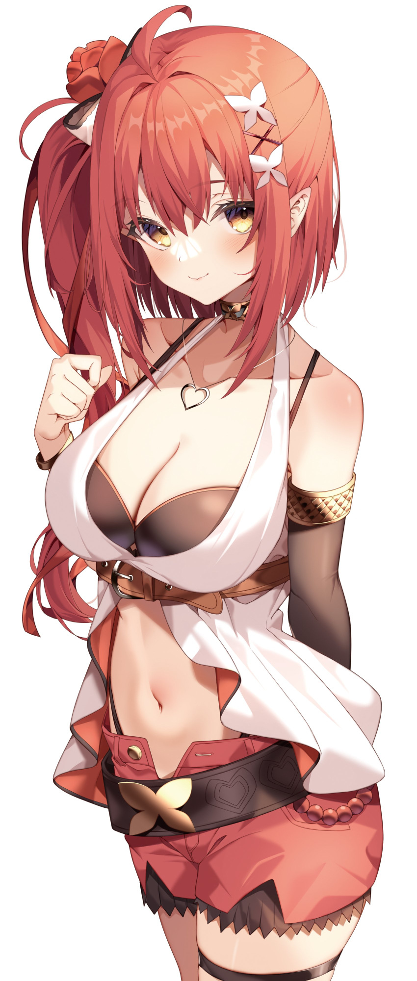 1girl absurdres ahoge bangle bare_shoulders belt black_bra black_choker bra bracelet breasts center_opening choker cleavage closed_mouth collarbone cowboy_shot detached_sleeves flower hair_flower hair_ornament halterneck hand_up heart heart_necklace highleg highres jewelry jun_(aousa0328) kohaku_teto large_breasts long_hair long_sleeves looking_at_viewer loose_belt navel necklace neo-porte open_fly panty_straps pointy_ears red_hair red_shorts revealing_clothes shirt short_shorts shorts side_ponytail simple_background sleeveless sleeveless_shirt smile solo spaghetti_strap stomach string_bra thigh_strap underwear virtual_youtuber white_background white_shirt x_hair_ornament yellow_eyes