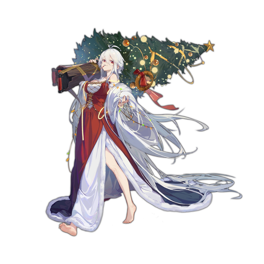 1girl antenna_hair bare_legs barefoot breasts candy candy_cane carrying_over_shoulder christmas christmas_lights christmas_ornaments christmas_star christmas_tree dress feet food food_in_mouth full_body girls'_frontline gun hair_between_eyes hidden_weapon highres holding_christmas_tree large_breasts long_dress long_hair looking_at_viewer machine_gun official_alternate_costume official_art pm1910 pm1910_(girls'_frontline) pm1910_(party_in_the_queen's_tower)_(girls'_frontline) red_dress red_eyes smile soles solo toes transparent_background very_long_hair walking weapon white_hair wreath xiao_qiang_sang