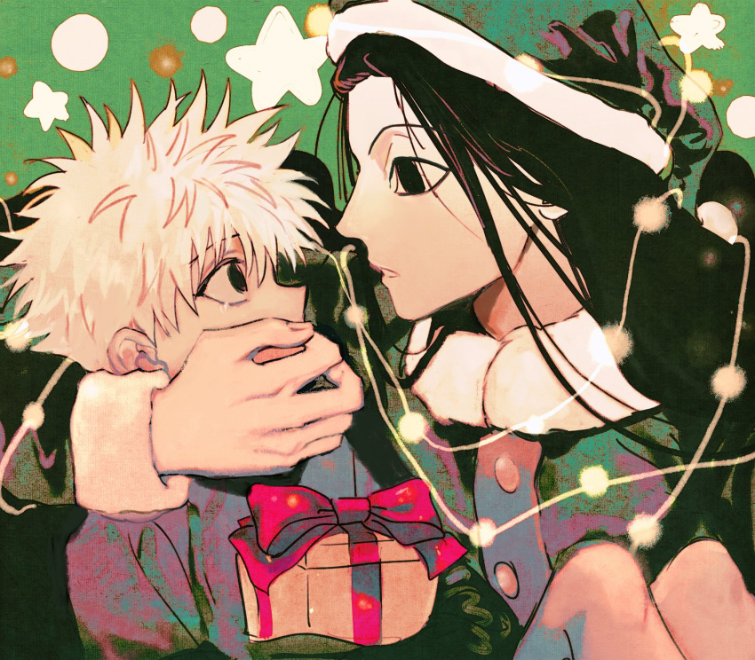 2boys black_eyes black_hair box brothers carrying christmas christmas_ornaments christmas_present christmas_tree commentary_request covering_another's_mouth elf_hat gift gift_box hat highres holding holding_gift hunter_x_hunter illumi_zoldyck killua_zoldyck long_hair long_sleeves looking_at_another male_focus multiple_boys parted_lips shenshan_laolin shirt short_hair siblings white_hair