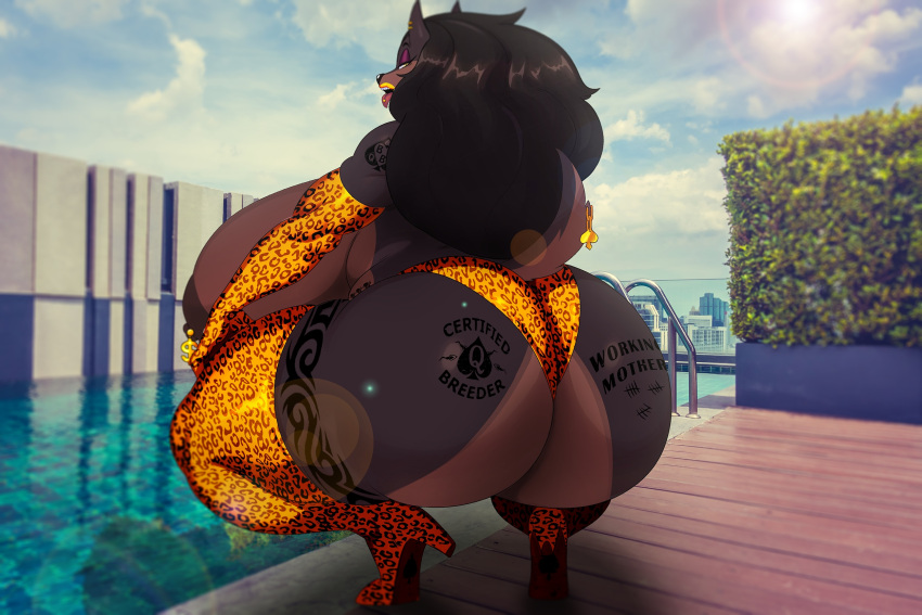 anthro big_breasts big_butt black_hair breasts brown_body butt canid canine canis clothing crouching dobermann domestic_dog female fingerless_gloves gloves gold_(metal) gold_jewelry hair handwear hi_res huge_breasts huge_butt jewelry laverne_(sssonic2) legwear mammal pinscher poolside presenting presenting_hindquarters slightly_chubby solo sssonic2 stockings thick_thighs