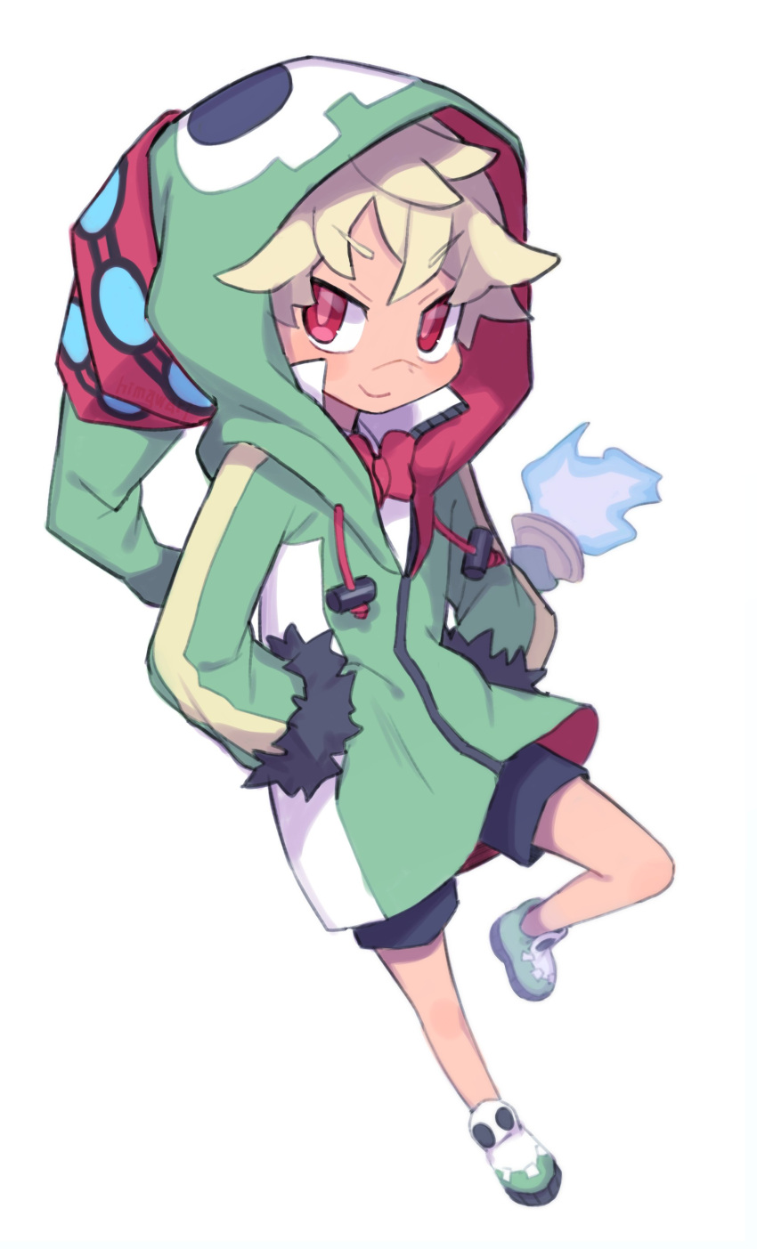 1boy absurdres artist_name black_shorts blonde_hair blue_fire bow bowtie disgaea emizel_(disgaea) fire green_footwear green_hoodie hands_in_pockets highres himawari_(kawaisounaedesu) hood hoodie long_sleeves makai_senki_disgaea_4 male_child male_focus red_eyes shorts smile