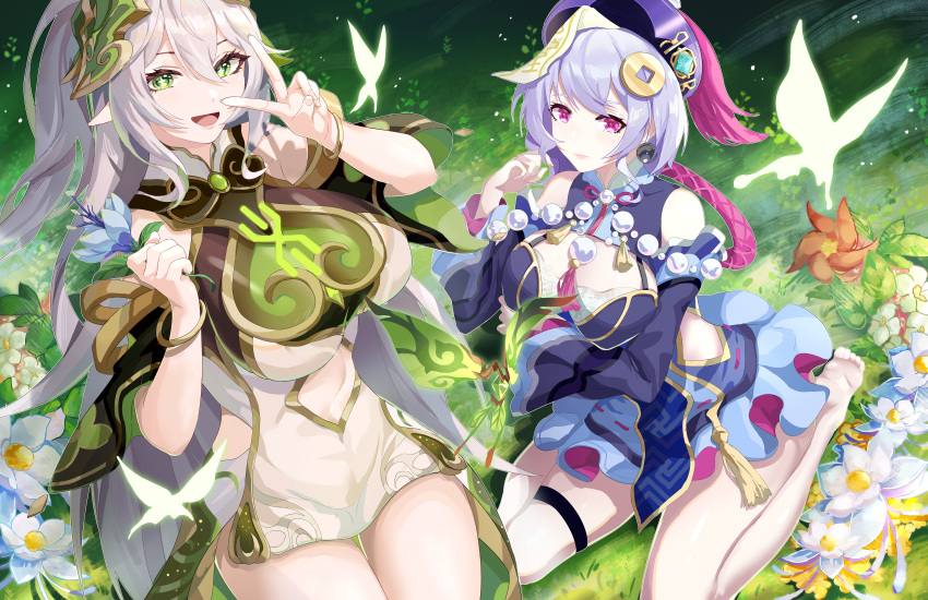 2girls absurdres aged_up bangle bare_legs bare_shoulders beads bracelet breasts bupa_chila cleavage_cutout clothing_cutout detached_sleeves dress flower genshin_impact gold_trim green_eyes hair_ornament hand_up hat highres holding holding_flower jewelry jiangshi large_breasts long_hair long_sleeves looking_at_viewer multiple_girls nahida_(genshin_impact) navel navel_cutout ofuda one_side_up open_mouth pink_eyes pointy_ears purple_dress purple_hair qing_guanmao qiqi_(genshin_impact) seiza short_dress short_hair side_cutout sitting smile star-shaped_pupils star_(symbol) symbol-shaped_pupils thighs v very_long_hair white_dress white_hair x_hair_ornament