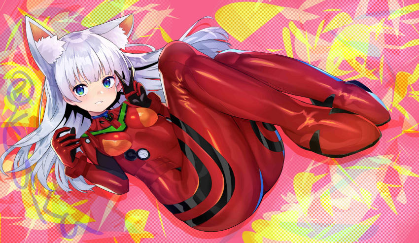 1girl absurdres animal_ear_fluff animal_ears blue_eyes bodysuit breasts cosplay full_body grey_hair hair_between_eyes highres kuka long_hair looking_at_viewer neon_genesis_evangelion pilot_suit plugsuit red_bodysuit skin_tight small_breasts smile solo souryuu_asuka_langley souryuu_asuka_langley_(cosplay) v