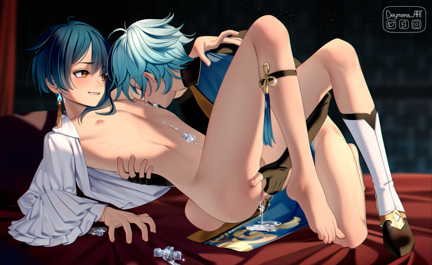 2boys anal anal_fingering arm_around_back arm_around_neck blue_hair bottomless character_request deymara earrings feet fingering frilled_sleeves frills genshin_impact highres ice ice_cube indoors jewelry lying male_focus multiple_boys nipples on_back open_clothes open_shirt shirt short_hair tassel tassel_earrings white_shirt yaoi