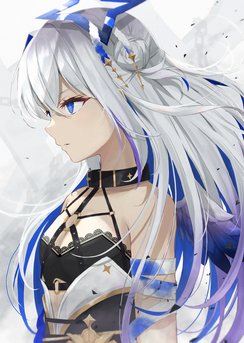 1girl absurdres amane_kanata angel_wings asymmetrical_hair bandaged_arm bandages bangs black_bra black_collar blue_eyes blue_hair blue_wings bra chest_harness collar colored_inner_hair commentary_request fallen_angel feathered_wings flat_chest from_side gradient_hair gradient_wings grey_hair hair_bun halo harness highres hololive long_hair mini_wings multicolored_hair multicolored_wings norio_(noriosub) o-ring o-ring_top official_alternate_costume official_alternate_hair_length official_alternate_hairstyle parted_lips profile single_hair_intake solo star_halo strapless strapless_bra streaked_hair underwear upper_body very_long_hair virtual_youtuber white_wings wings