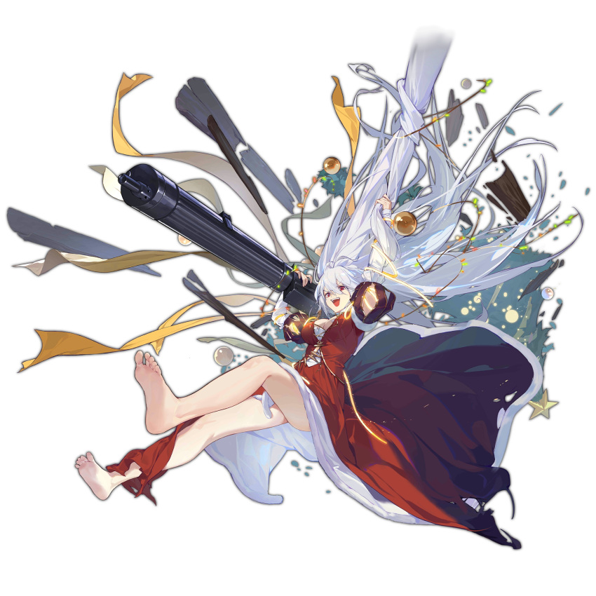 1girl antenna_hair bare_legs barefoot breasts christmas christmas_lights christmas_ornaments christmas_star christmas_tree cleavage dress feet full_body girls'_frontline gun hair_between_eyes highres holding holding_gun holding_weapon large_breasts long_dress long_hair machine_gun official_alternate_costume official_art open_mouth pm1910 pm1910_(girls'_frontline) pm1910_(party_in_the_queen's_tower)_(girls'_frontline) red_dress red_eyes smile soles solo swinging teeth toes torn_clothes torn_dress transparent_background upper_teeth_only very_long_hair weapon white_hair xiao_qiang_sang