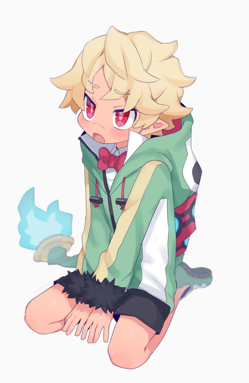 1boy absurdres artist_name black_shorts blonde_hair blue_fire bow bowtie disgaea emizel_(disgaea) fang fire green_footwear green_hoodie highres himawari_(kawaisounaedesu) hood hoodie makai_senki_disgaea_4 male_child male_focus open_mouth pointy_ears red_bow red_bowtie red_eyes shoes shorts solo