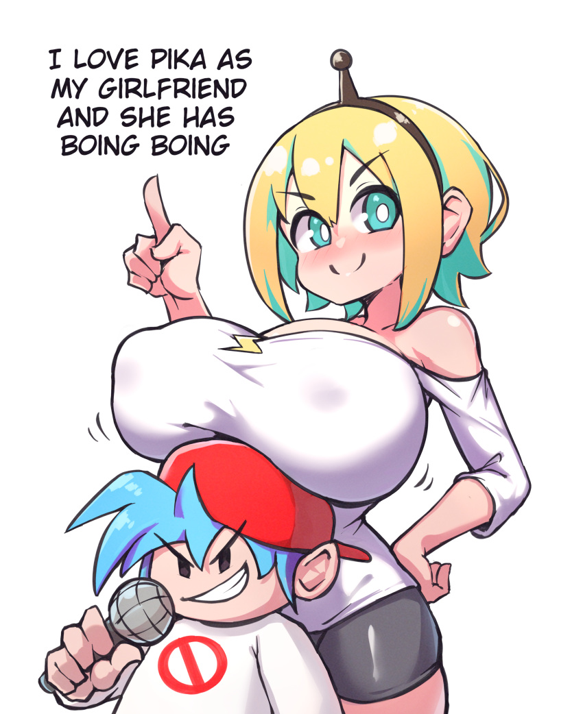 1boy 1girl absurdres alternate_breast_size amano_pikamee backwards_hat baseball_cap bebatch black_hairband black_shorts blonde_hair blue_hair blush boyfriend_(friday_night_funkin') breast_rest breasts breasts_on_head bright_pupils c: closed_mouth colored_inner_hair commentary covered_nipples crossover english_commentary english_text friday_night_funkin' green_eyes green_hair grin hairband hand_on_hip hand_up hat highres holding holding_microphone huge_breasts index_finger_raised looking_at_viewer microphone multicolored_hair off-shoulder_shirt off_shoulder pointing pointing_up shirt short_hair shorts simple_background size_difference smile standing upper_body v-shaped_eyebrows virtual_youtuber voms white_background white_pupils white_shirt
