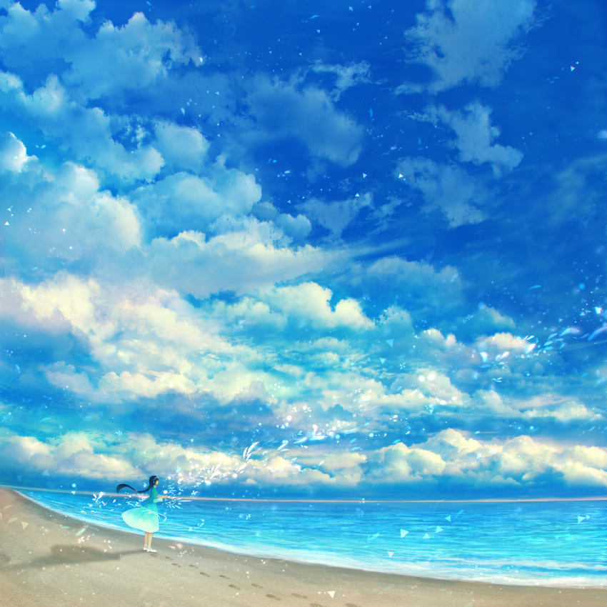 1girl blue_dress blue_sky cloud cloudy_sky dress footprints hair_flowing_over highres long_hair ocean original sakimori_(hououbds) sand scenery shadow sky solo standing