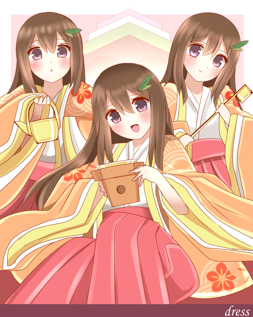 3girls :d :o absurdres bangs blush brown_hair closed_mouth english_text hair_between_eyes hakama hakama_skirt highres hinamatsuri holding japanese_clothes kimono long_hair long_sleeves multiple_girls non_(wednesday-classic) open_clothes original parted_lips purple_eyes red_hakama skirt smile very_long_hair white_kimono wide_sleeves