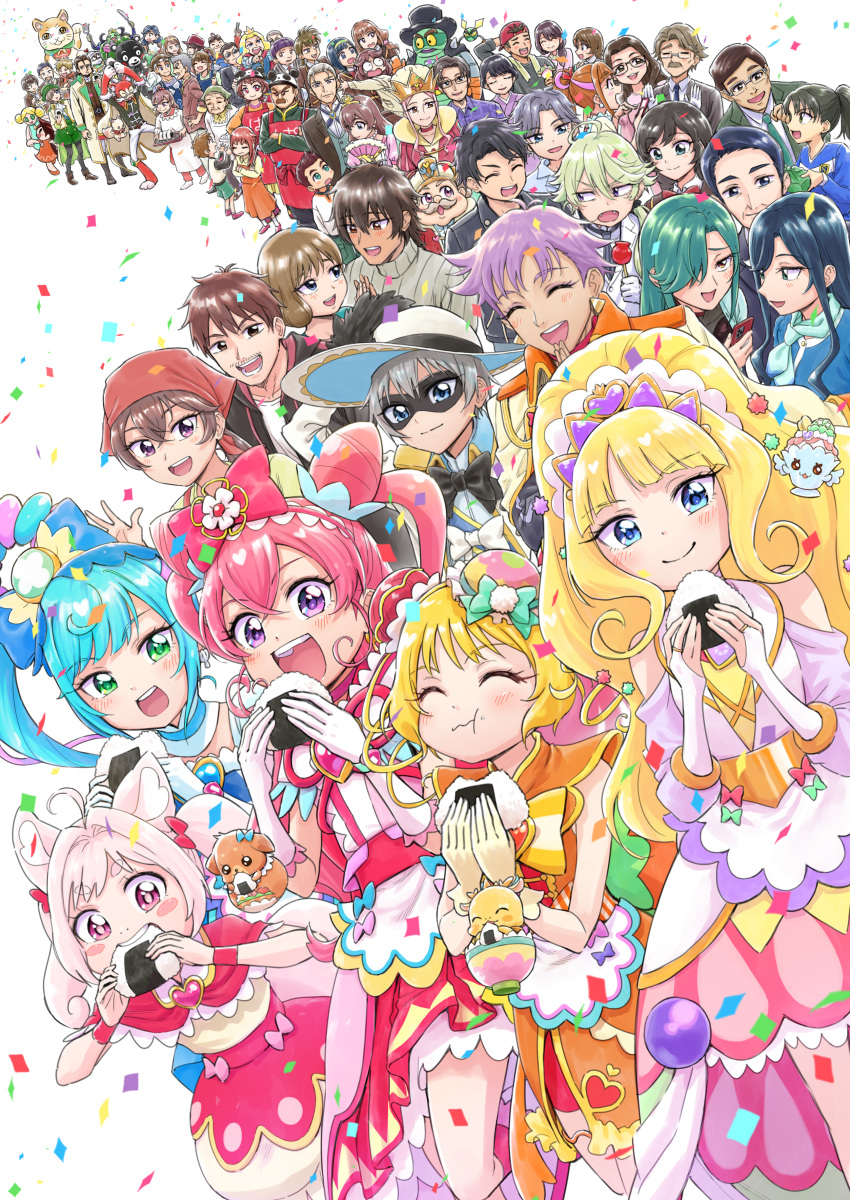 6+girls :d absolutely_everyone absurdres animal_ears annotation_request arms_up backwards_hat big_hair black_pepper_(precure) blonde_hair blue_bow blue_eyes blue_hair blush_stickers bow bridal_gauntlets brooch brother_and_sister brothers brown_hair bun_cover butler capelet cellphone character_request chinese_clothes closed_eyes closed_mouth clothing_cutout cone_hair_bun confetti crown cure_finale cure_precious cure_spicy cure_yum-yum dark-skinned_male dark_skin delicious_party_precure dog domino_mask double_bun dragon dress eating endou_iroha everyone facial_hair father_and_daughter father_and_son folding_fan food fox_ears fox_girl fox_tail fuwa_hatsuko fuwa_kokone gloves grandmother_and_granddaughter green_eyes grey_hair hair_bow hair_bun hair_intakes hair_ornament hanamichi_ran hand_fan hand_on_headwear hat heart_brooch highres holding holding_fan holding_food holding_phone husband_and_wife itou_shin'ichi jewelry kasai_amane kome-kome_(precure)_(human) kumamon leaning_forward leg_up long_hair long_sleeves looking_at_another magical_girl mask medium_dress medium_hair mem-mem_(precure) mother_and_daughter mother_and_son multiple_girls mustache nagase_ena nagomi_akiho nagomi_yui narcistoru necklace onigiri open_mouth over-rim_eyewear pam-pam_(precure) panda_hat pearl_necklace phone pink_hair precure purple_eyes purple_hair purple_headwear recipipi rectangular_eyewear red_bow red_capelet red_dress red_eyes rosemary_(precure) scared school_uniform secretoru_(precure) semi-rimless_eyewear shinada_an shinada_takumi shinsen_middle_school_uniform short_dress short_hair shoulder_cutout siblings side_ponytail sisters sleeveless sleeveless_dress smartphone smile standing standing_on_one_leg sun_hat tail takada_risa tiara twintails two_side_up under-rim_eyewear very_long_hair waving white_gloves white_headwear wristband