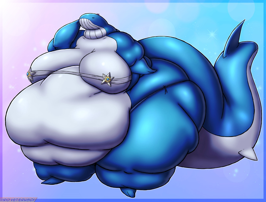 2023 absurd_res anthro big_breasts big_butt bikini blue_body bow_on_head breasts butt clothing digital_media_(artwork) female generation_1_pokemon generation_3_pokemon hi_res huge_belly huge_breasts huge_butt huge_thighs morbidly_obese morbidly_obese_anthro morbidly_obese_female nintendo obese obese_anthro obese_female overweight overweight_anthro overweight_female pokemon pokemon_(species) solo staryu swimwear thick_thighs viroveteruscy wailord white_body