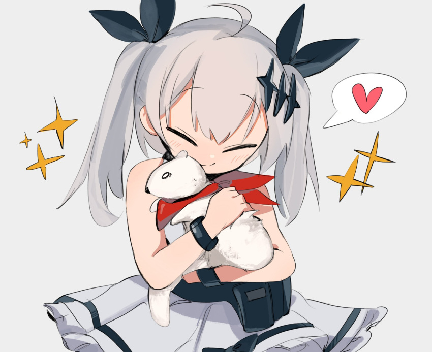 1girl aged_down ahoge animal_hug bracelet chesed_(uporyz) closed_eyes commentary dress ferret five-seven_(adventures_of_fenfen)_(girls'_frontline) five-seven_(girls'_frontline) girls'_frontline grey_background grey_hair hair_ornament hair_ribbon heart highres jewelry official_alternate_costume red_scarf ribbon scarf simple_background sleeveless sleeveless_dress smile solo sparkle spoken_heart twintails white_dress