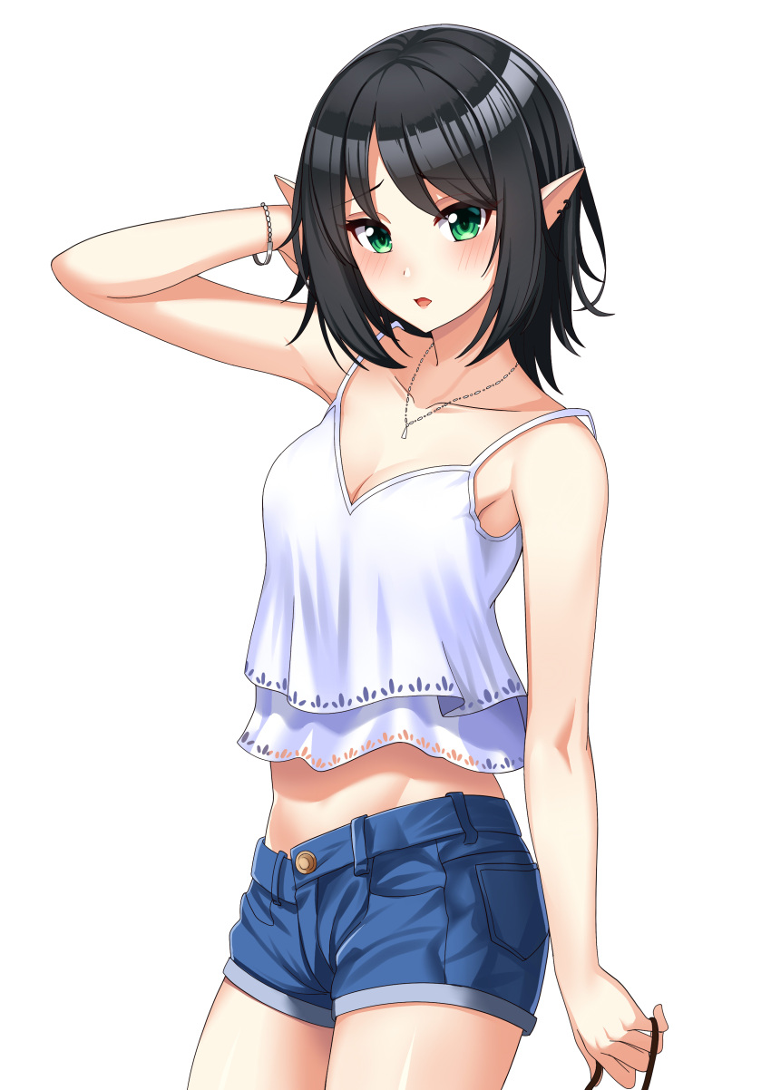 1girl absurdres arm_up armpits bare_arms bare_shoulders black_hair blue_shorts bracelet breasts camisole cleavage collarbone commission cowboy_shot crop_top crop_top_overhang denim denim_shorts elf green_eyes highres jewelry looking_at_viewer midriff necklace open_mouth original pointy_ears rifqiaji shirt short_hair short_shorts shorts simple_background sleeveless sleeveless_shirt small_breasts solo spaghetti_strap standing thighs white_background white_shirt