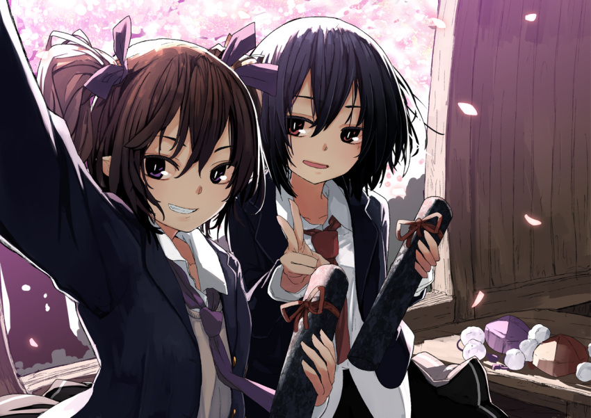 2girls bangs black_hair black_jacket brown_eyes brown_hair cherry_blossoms collarbone collared_shirt futatsuki_eru grin hair_between_eyes hat himekaidou_hatate jacket long_hair long_sleeves multiple_girls necktie open_clothes open_jacket open_mouth petals pom_pom_(clothes) purple_headwear purple_necktie red_headwear red_necktie shameimaru_aya shirt short_hair smile tokin_hat touhou twintails white_shirt