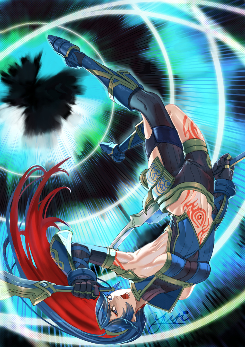 .hack// .hack//g.u. 1girl arm_tattoo armpits asymmetrical_clothes bangs black_gloves black_pants blue_eyes blue_footwear blue_hair blue_shirt boots breasts colored_inner_hair cosplay crop_top dual_wielding elbow_gloves english_commentary eyeshadow fire_emblem fire_emblem_awakening full_body gauntlets gloves groin hair_between_eyes haseo_(.hack//) haseo_(.hack//)_(cosplay) highres holding holding_sword holding_weapon knee_boots leg_tattoo long_hair looking_at_viewer lucina_(fire_emblem) makeup midriff mixed-language_commentary multicolored_hair navel neck_tattoo open_mouth pants red_eyeshadow red_hair shirt sideboob sidelocks signature single_bare_shoulder single_pantsleg skindentation sleeveless sleeveless_shirt small_breasts solo stomach_tattoo sword tattoo teeth two-tone_hair upside-down weapon yusi_(yushiart)
