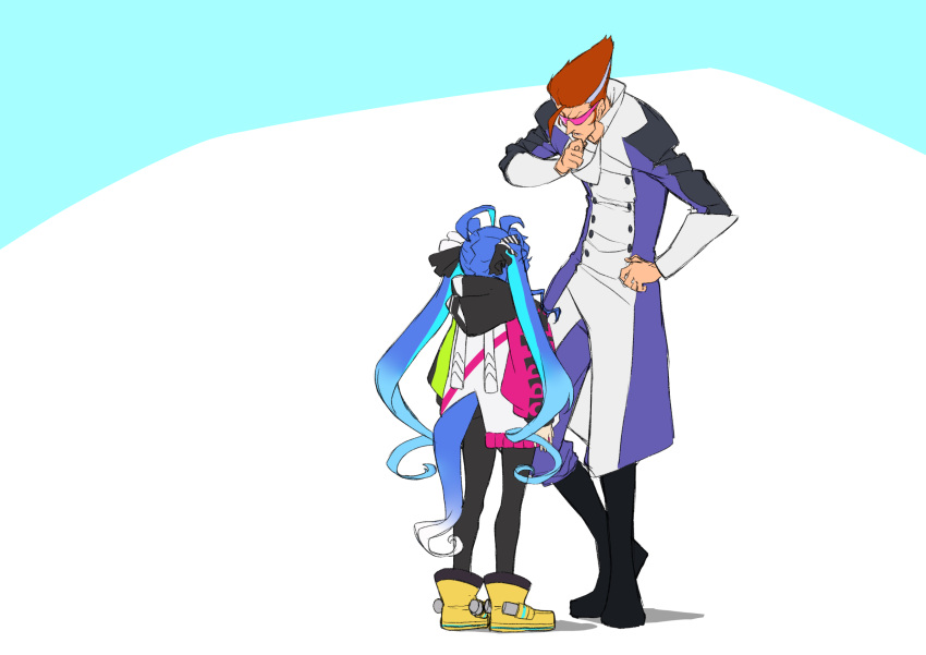 1boy 1girl ahoge animal_ears arms_at_sides black_footwear black_pantyhose blue_hair boots brown_hair coat crossover hand_on_hip hand_on_own_chin heel_up height_difference highres hood hood_down hoodie horse_ears horse_girl horse_tail long_sleeves looking_at_another open_mouth pantyhose scryed standing straight_cougar stroking_own_chin sunglasses tail twin_turbo_(umamusume) twintails umamusume wakoudo yellow_footwear