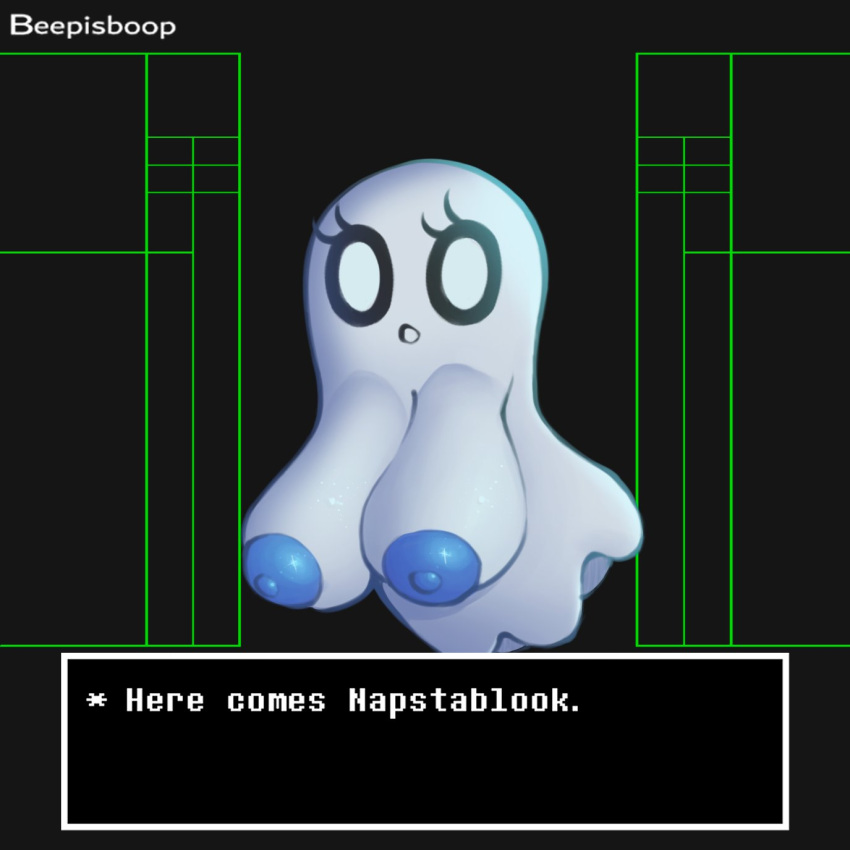 areola beepisboop big_breasts black_background blue_areola blue_nipples breasts crossgender eyelashes female ghost hi_res huge_breasts looking_at_viewer napstablook nipples not_furry nude open_mouth simple_background solo spirit text undertale undertale_(series) white_body white_eyes