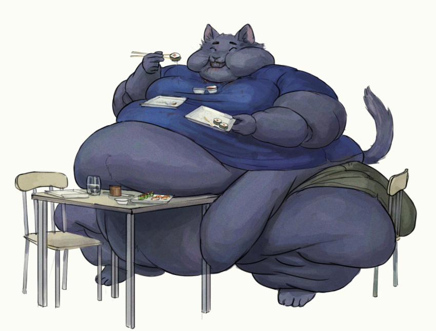 2020 anthro barefoot belly big_belly bottomwear cettus chair chopsticks chubby_cheeks clothed clothing domestic_cat double_chin eating eating_food eyes_closed fat_rolls feet felid feline felis food fur furniture glass grey_body grey_fur hi_res holding_chopsticks holding_object huge_belly male mammal morbidly_obese morbidly_obese_anthro morbidly_obese_male obese obese_anthro obese_male overweight overweight_anthro overweight_male russian_blue shirt shorts simple_background sitting solo sushi table thick_thighs topwear tray water white_background