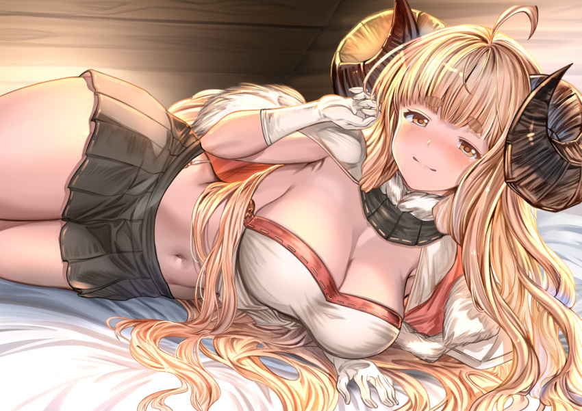 1girl ahoge aldehyde anila_(granblue_fantasy) bandeau bangs bare_shoulders black_skirt blonde_hair blunt_bangs blush breasts cape cleavage draph elbow_gloves fur-trimmed_cape fur_collar fur_trim gloves granblue_fantasy horns large_breasts long_hair looking_at_viewer lying midriff miniskirt navel on_side pleated_skirt sheep_horns short_eyebrows skirt smile solo thick_eyebrows thighs very_long_hair wavy_hair white_cape white_gloves yellow_eyes