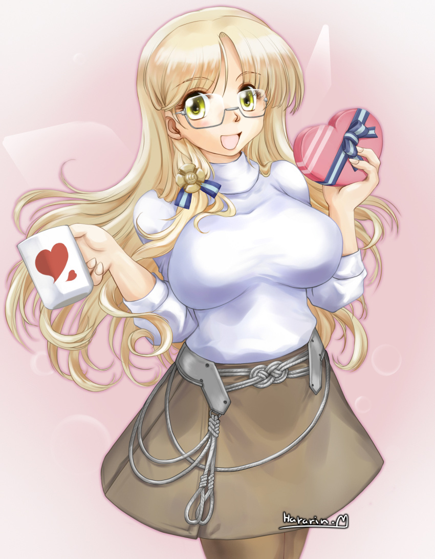 1girl bangs blonde_hair blunt_bangs box breasts brown_pantyhose brown_skirt coffee_mug cowboy_shot cup gift gift_box glasses green_eyes hair_ornament heart heart-shaped_box highres holding holding_box holding_cup holding_gift kantai_collection large_breasts long_hair long_sleeves mug navy_cross northampton_(kancolle) official_alternate_costume pantyhose ranbu_hararin rope_around_waist semi-rimless_eyewear skirt solo standing sweater valentine white_sweater